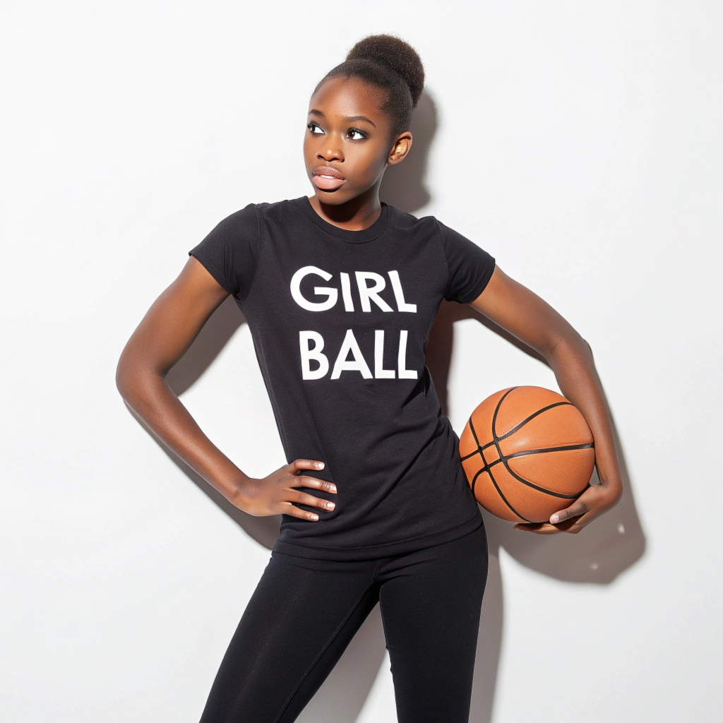 Attractive female model posing with Girl Ball 22 merchandise shirt with basketball up against the wall