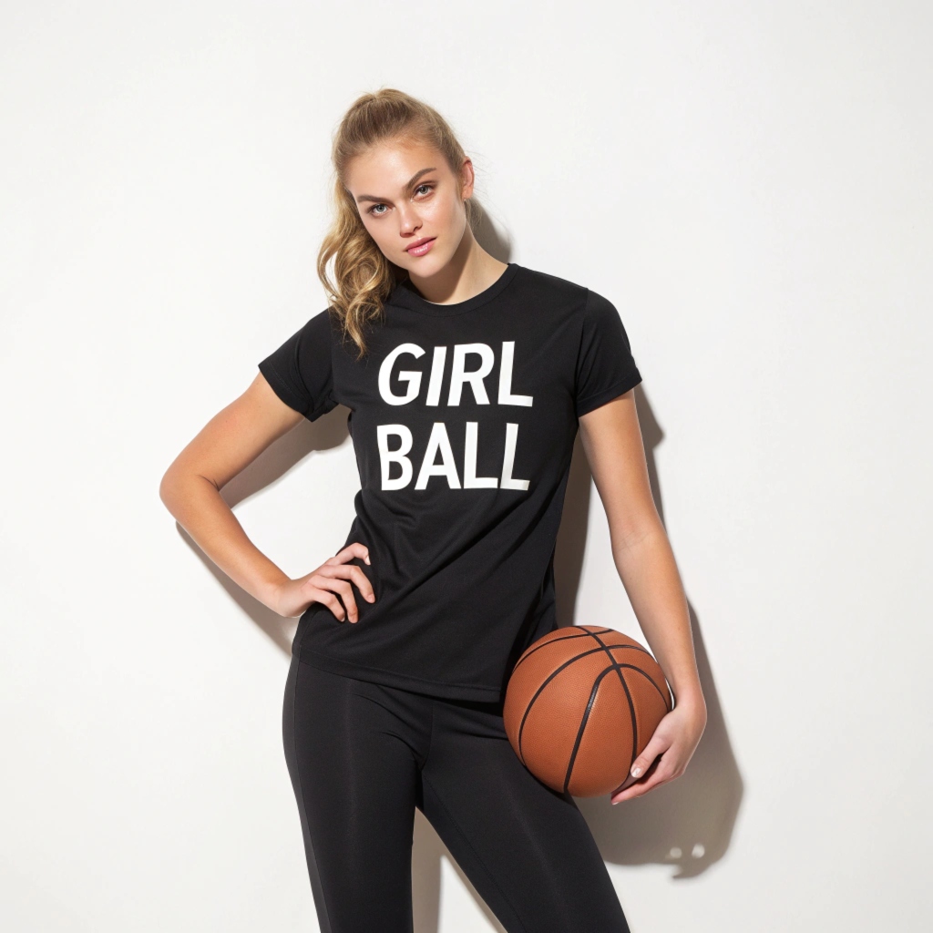 Attractive female model with girl ball basketball posing up against the wall showcasing graphic t shirt from the shop.