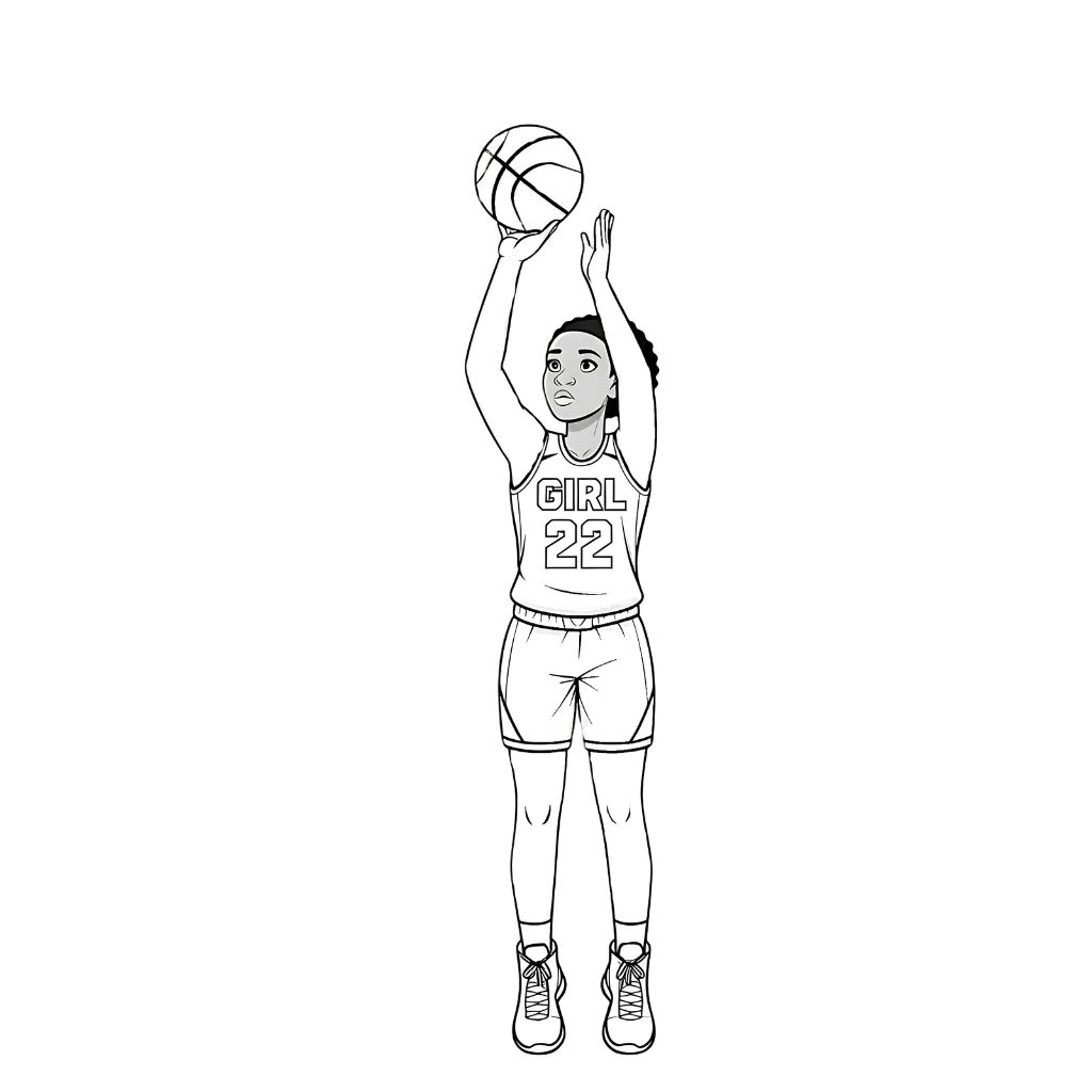 simple kids coloring image of basketball girl jumpshot against white background