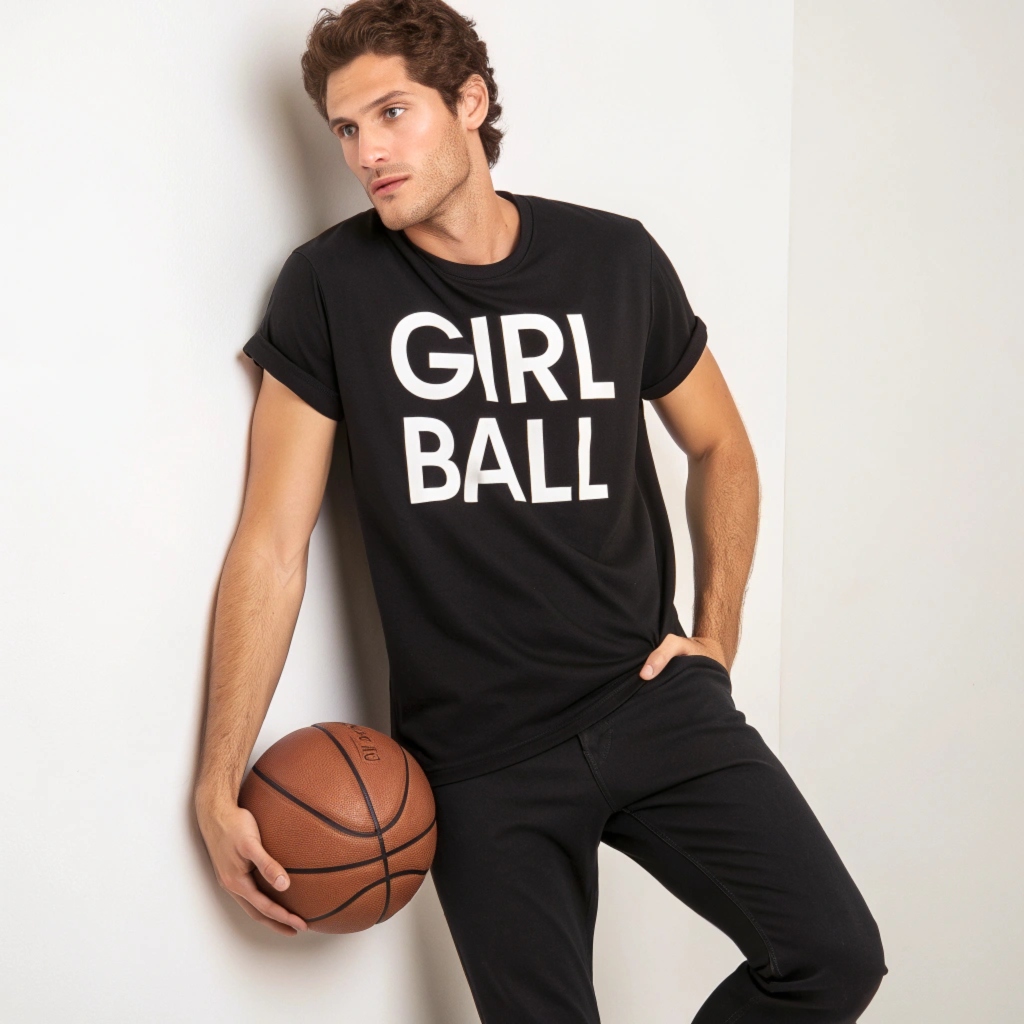 Attractive male model posing with Girl Ball 22 merchandise shirt with basketball up against the wall.