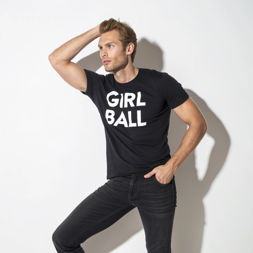 Attractive male model posing with Girl Ball 22 merchandise shirt.