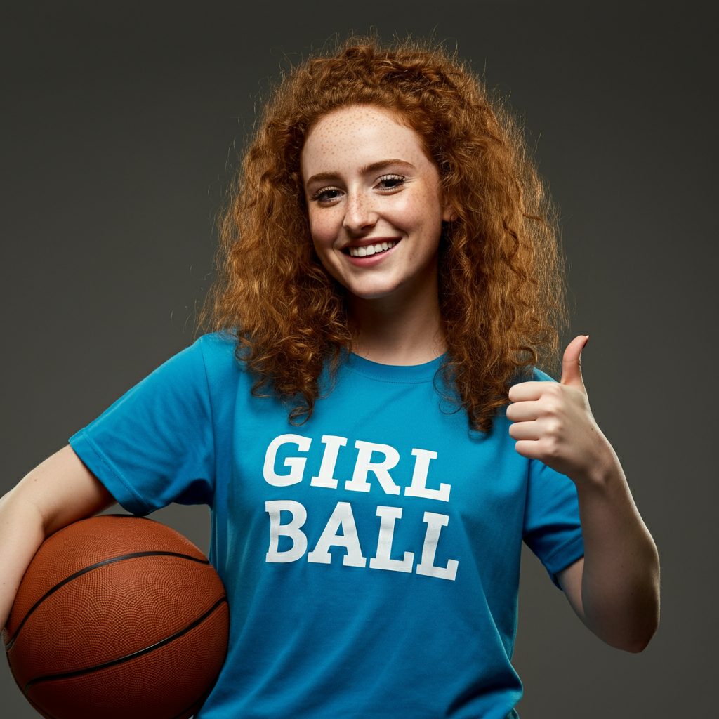 red hair girl holding basketball in hand