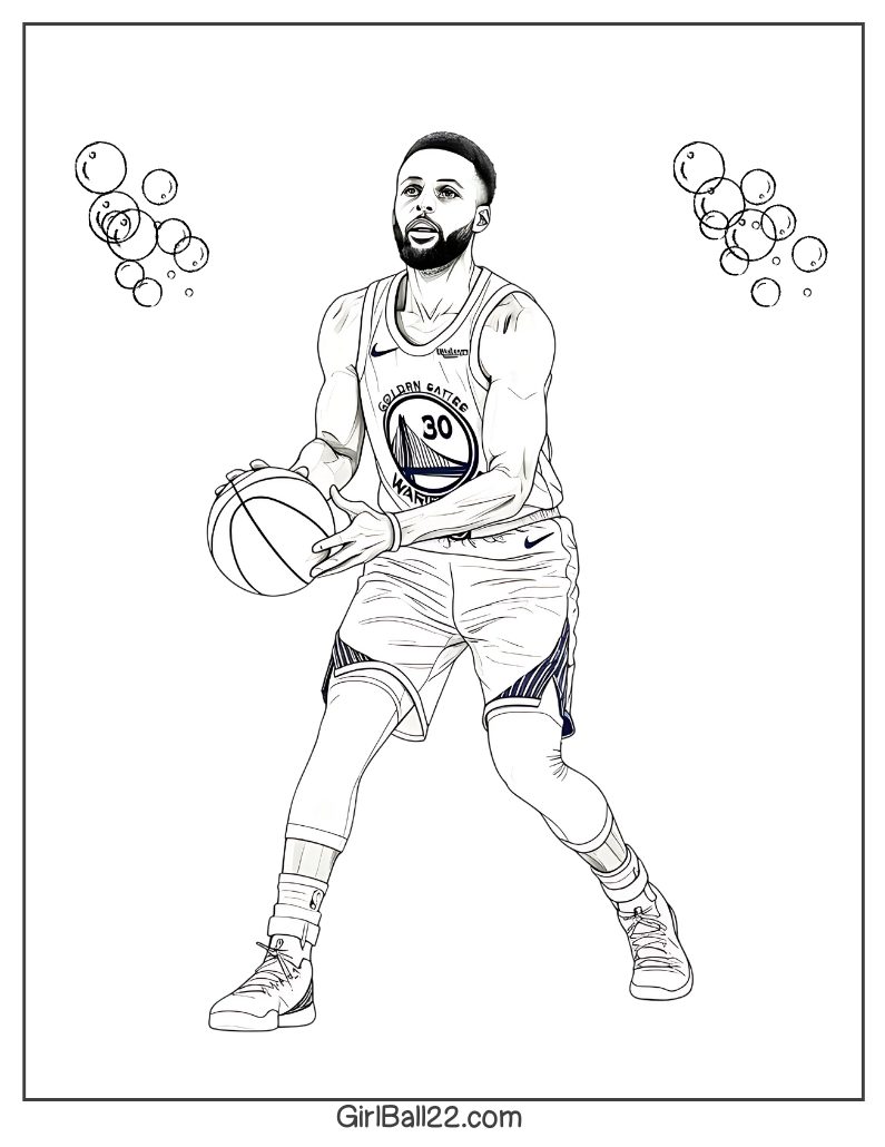 Stephen Curry in action, shooting a jumpshot with bubbles